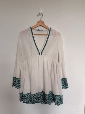 Zara white dress with Teal Embroidered Trim